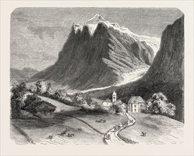 The village of Grindelwald and the glacier, near the Wetterhorn. Switzerland, 1855, Engraving