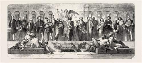 The Salon of 1855, The Pillory, painting by M. Glaize. engraving 1855