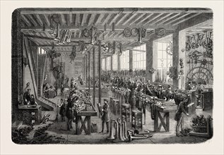Workshop of wind instruments. engraving 1855