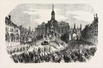Procession  before the altar of the town hall, Chaumont. Haute-Marne, France. engraving 1855