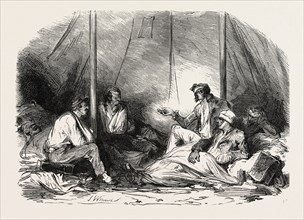 Tent ambulance for six wounded before Sebastopol. The Crimean War, 1855, Engraving