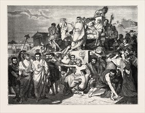 The death of Caesar, painting by M. Court. engraving 1855