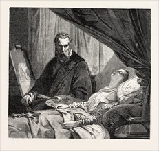 Salon 1855. Tintoretto and his daughter. Painting by  m. Leon Cogniet. engraving 1855