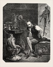 Benvenuto Cellini in his studio, painting byM.  Robert Fleury. engraving 1855