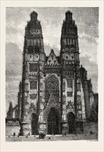 Facade of the metropolitan church of Tours, France. engraving 1855