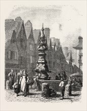Fountain on the  grand marché in Tours, France. engraving 1855