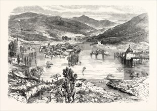Flooding of the city of San Stefano in Tuscany, Italy. engraving 1855