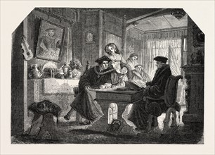 Salon of 1855. Erasmus at the house of Sir Thomas More, painting by Mr. Labouchere. engraving 1855