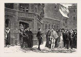 Salon of 1855. Henry III and the Duke de Guise, painting by M. Comte. engraving 1855