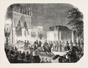 Arrival of the Queen of England at the castle of Saint-Cloud, France. Queen Victoria. engraving