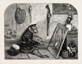 Salon of 1855. Monkey painter, painting by M. Decamps. engraving 1855