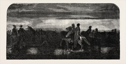 Asian Turkish Cavalry crossing a ford, painting by M. Decamps. engraving 1855