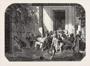 Salon of 1855. Leaving the Turkish school, watercolor by Decamps. engraving 1855