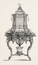 Planter. Carved wooden birdhouse. engraving 1855