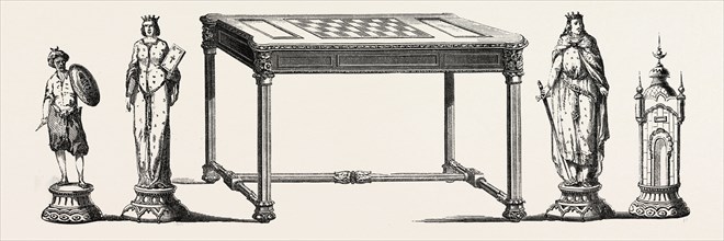 Table and main parts of a chess game, executed in ebony, bronze, gold and silver. engraving 1855