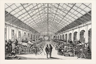 Universal Exposition: Workshop mecanical presses. Paris, France, Exposition Universelle. An