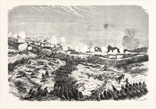 Attack of the Courtine by the devision of the Motterouge. The Crimean War, 1855. Engraving