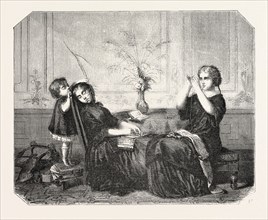 Salon of 1855. French school. Orphans, painting by Mr Hamon. Engraving