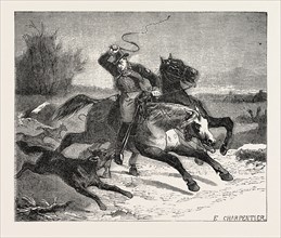 Salon of 1855. French school. Postilion attacked by wolves, painting of Mr. Charpentier. Engraving