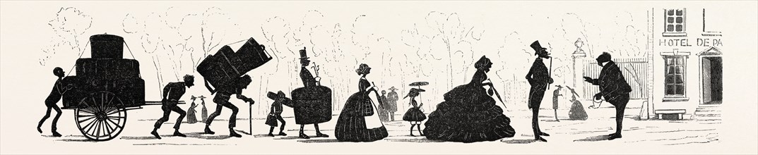 WATERS SILHOUETTES: Arrival of a French family. engraving 1855
