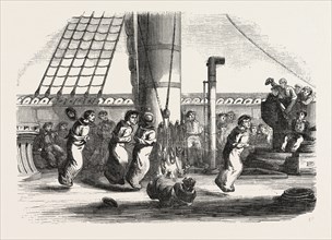 Recreations aboard the Friedland: The bags race, 1855. Engraving