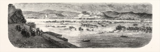 Overflow of the river Rhone before Avignon, view from the Rocher du Dom. engraving 1855