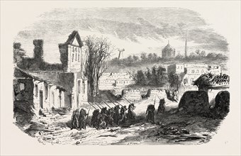 Layout barricades in the streets of Sevastopol. The Crimean War, 1855. Engraving