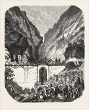 Opening Ceremony of the new road bridge Queyras (Hautes-Alpes), France. engraving 1855