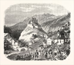 Castle Queyras, view from the road of Abries, 1855. (Hautes-Alpes), France. Engraving