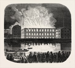 Fire on the wharf de Billy, Paris, 18 November 1855. France. Engraving