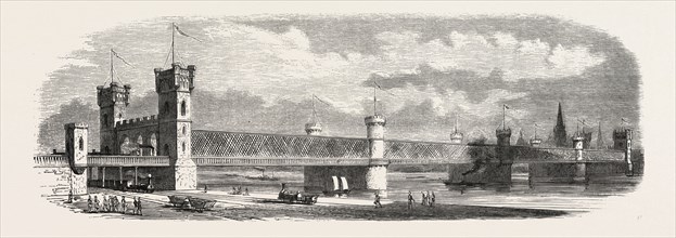Railway Erquelines Saint-Quentin: The new bridge of Cologne, 1855. Engraving