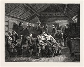 Salon of 1855. Norway. Funerals in rural Norway, painting by M.A. Tidemand. Engraving