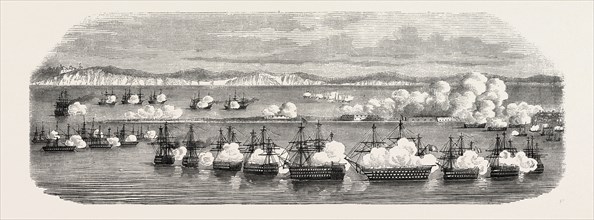 Bombardment and capture of the forts at Kinburn. The Crimean War, 1855. Engraving