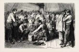 Types and faces of the Eastern Army. Prologue. Dinner on board. 1855. Engraving
