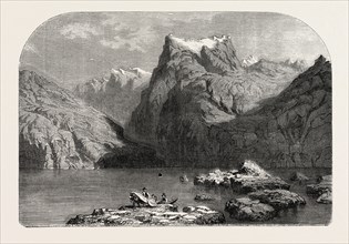 Swiss School. Lake Lucerne, painting by Mr Calame. engraving 1855