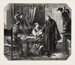 School Sardinia. The news of the death of King Charles Albert, painting by Mr Ferri. engraving 1855