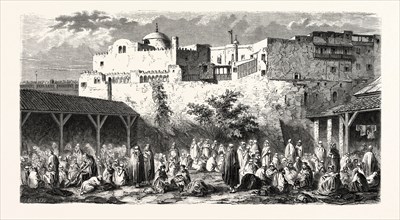 Camp Algiers, pilgrims returning from Mecca, 1855. Engraving
