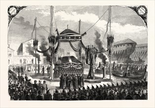 Receiving remains of Admiral Bruat on the port of Toulon, France, 1855. Engraving