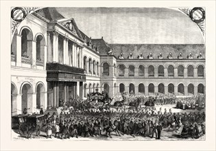 funeral of Admiral Bruet, coming from des Invalides in Paris, France, 1855. Engraving