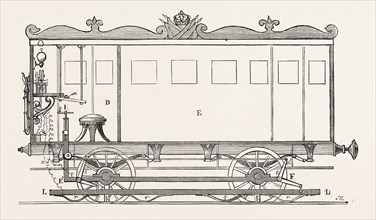 Telegraph locomotives, by Mr. Bonelli. Vertical section of the telegraph wagon, 1855. Engraving