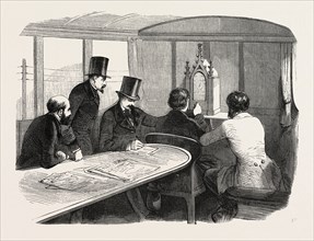 Telegraphy locomotives. Inside the car during operation, 1855. Engraving
