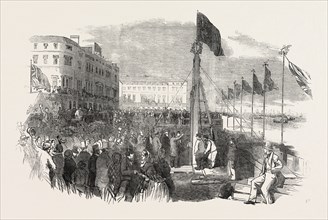 CEREMONY OF DRIVING THE FIRST PILE OF THE WELLINGTON PIER, AT GREAT YARMOUTH, UK, 1853