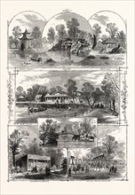 THE QUEEN'S VISIT TO VICTORIA PARK: VIEWS IN THE PARK, LONDON, UK, 1873. CHINESE PAGODA, CASCADE,