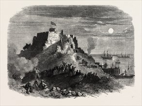 THE QUEEN'S VISIT TO JERSEY. MOONLIGHT VIEW OF MONT ORGEUIL CASTLE, WITH THE ROYAL SQUADRON LYING