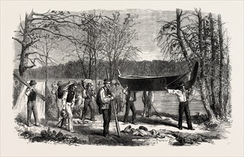 THE ASSINNIBOINE AND SASKATCHEWAN EXPLORING EXPEDITION: PORTAGING A CANOE AND BAGGAGE, 1858