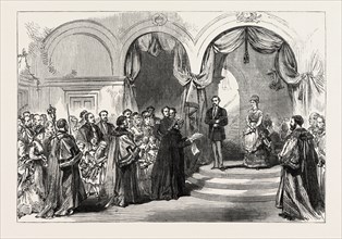 RECEPTION OF THE PRINCE AND PRINCESS OF WALES AT THE RAILWAY STATION, HULL: THE TOWN CLERK READING