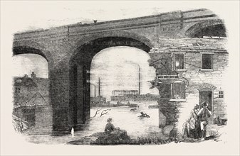 THE INUNDATION AT BIRMINGHAM, SKETCHED BELOW DERITEND BRIDGE, UK, 1852