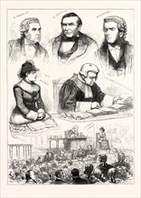 SKETCHES IN THE ROYAL COURTS OF JUSTICE: AN INTERESTING TRIAL. 1883. MR. RUSSELL, Q.C.; MR. BIGGAR,