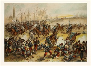 FROM THE BATTLE OF ST. QUENTIN ON THE 19TH OF JANUARY 1871. GERMAN CAVALRY CHARGING AT A FRENCH