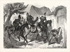 Franco-Prussian War: Bavarian Cavalry patrol in a French village, France
